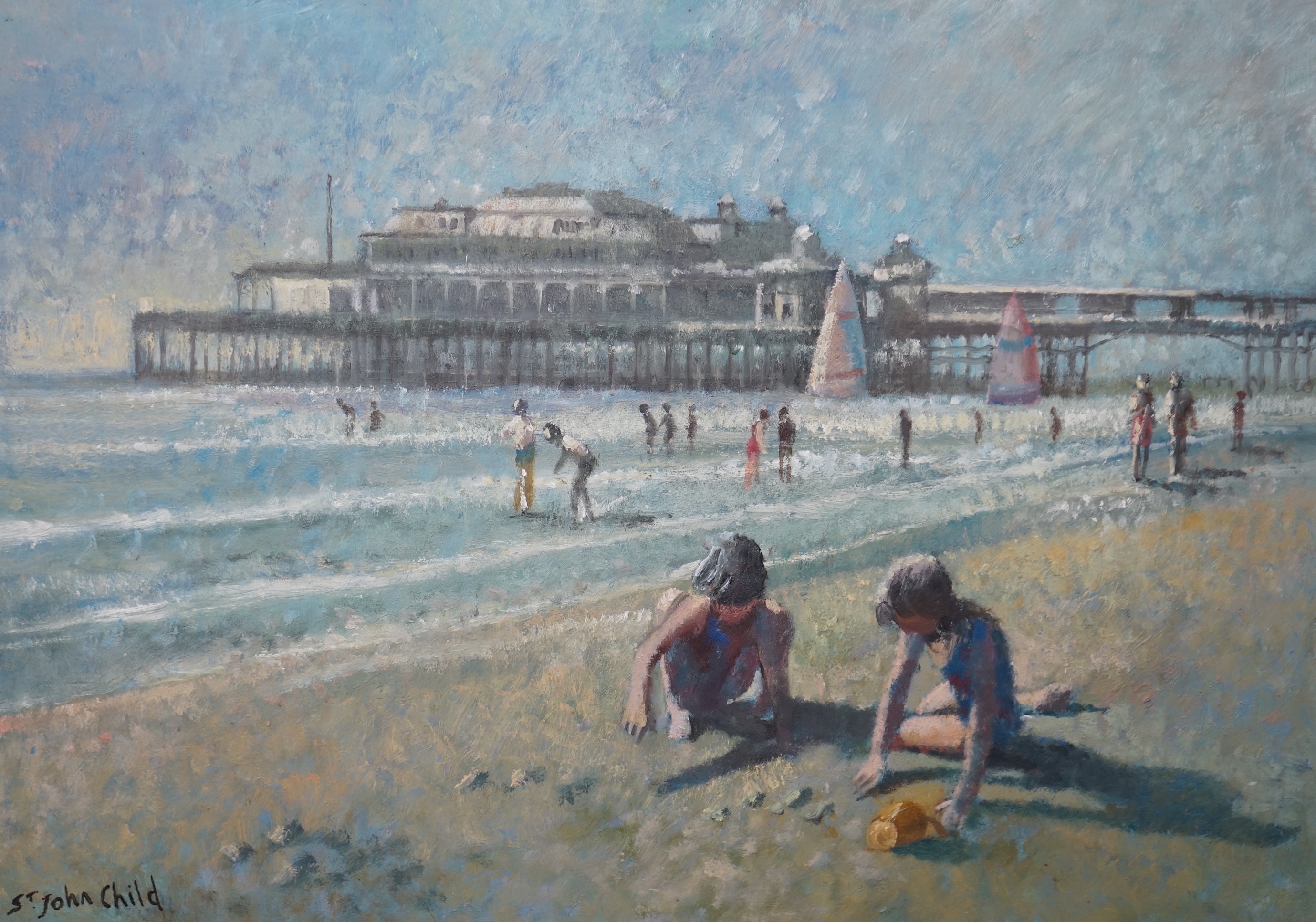 St John Child (b.1936), oil on board, Brighton, West Pier, signed, 32 x 46cm